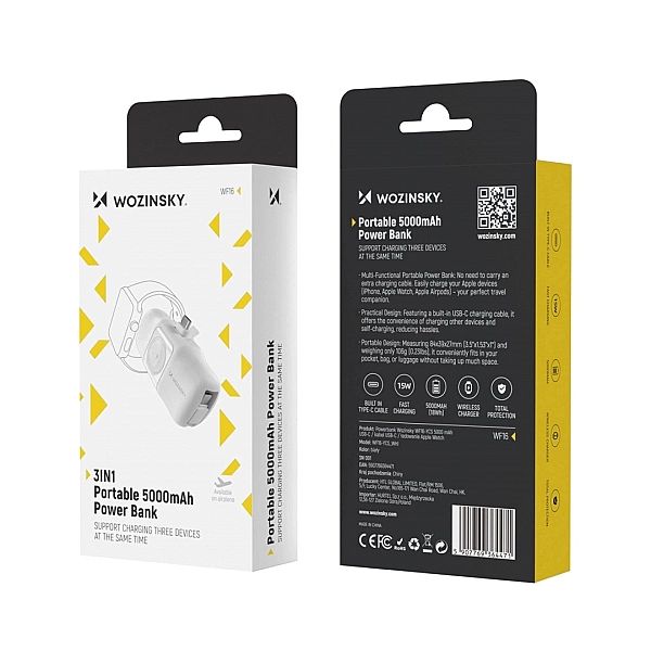 Mini powerbank Wozinsky WF16-YCS 5000mAh 15W USB-C z wbudowanym kablem