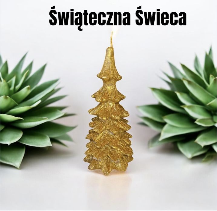 Świąteczna świeca woskowa złota choinka nowa ozdoba dekoracja drzewko