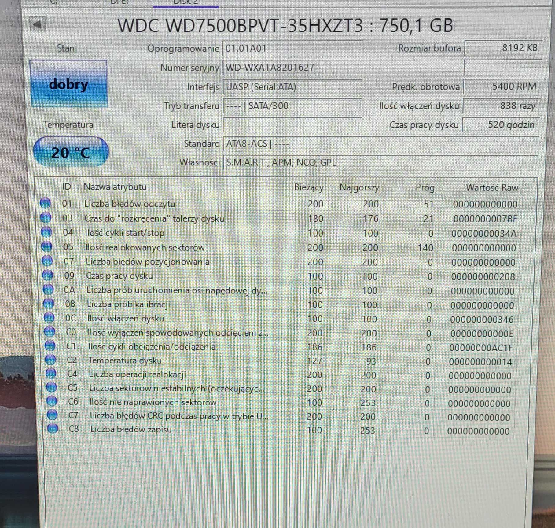 używany dysk twardy HDD 2,5" Hitachi 750GB 5400 rpm SATA