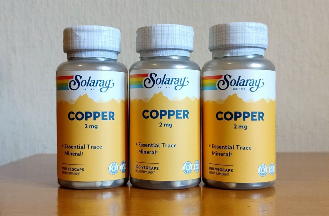 Solaray. Медь, Copper 2 mg, 100 капсул. Медь и Цинк, 100 капсул.