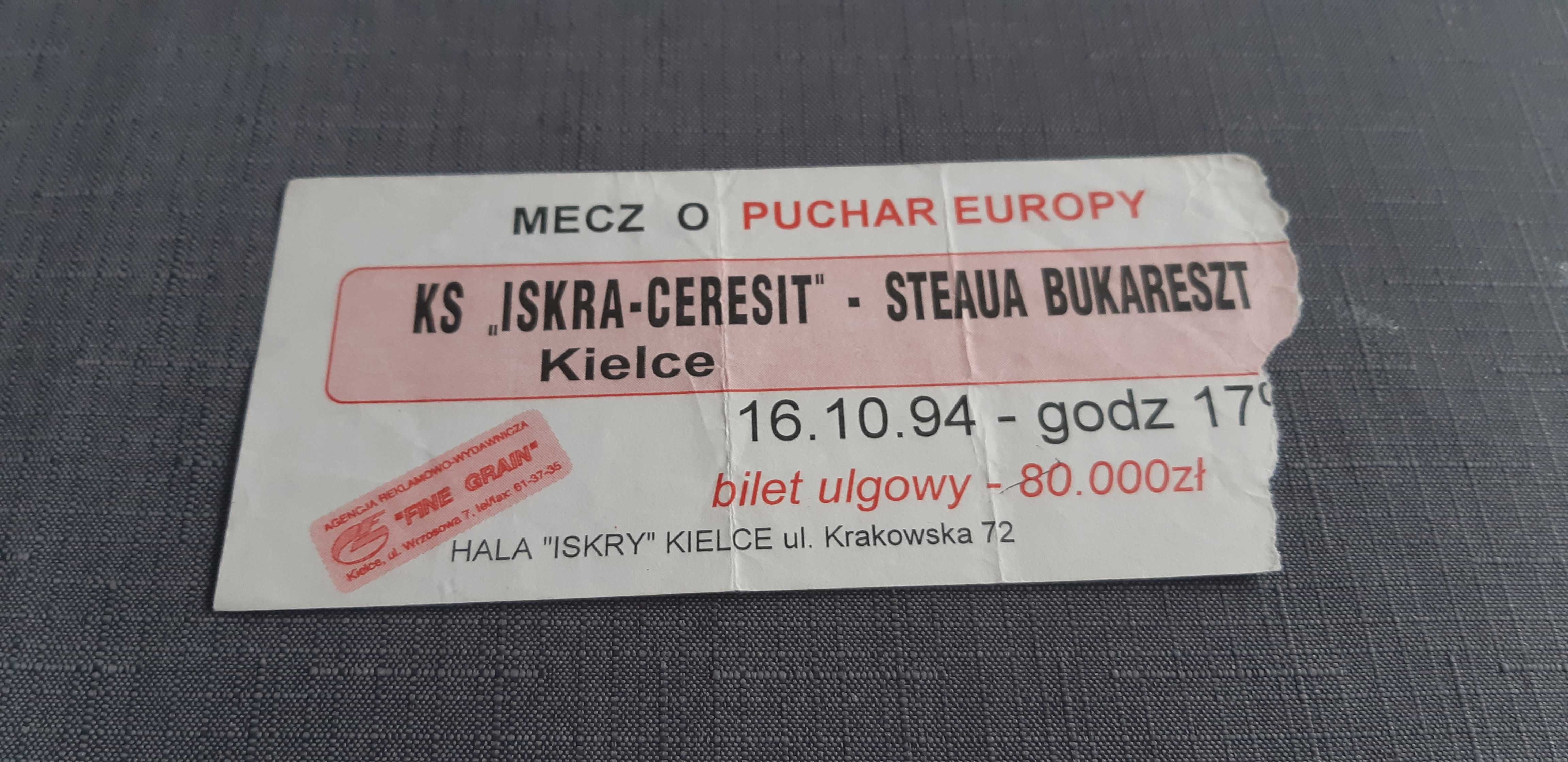 bilet  KS Iskra Kielce-Steaua Bukareszt 16.10.94 mecz o Puchar Europy