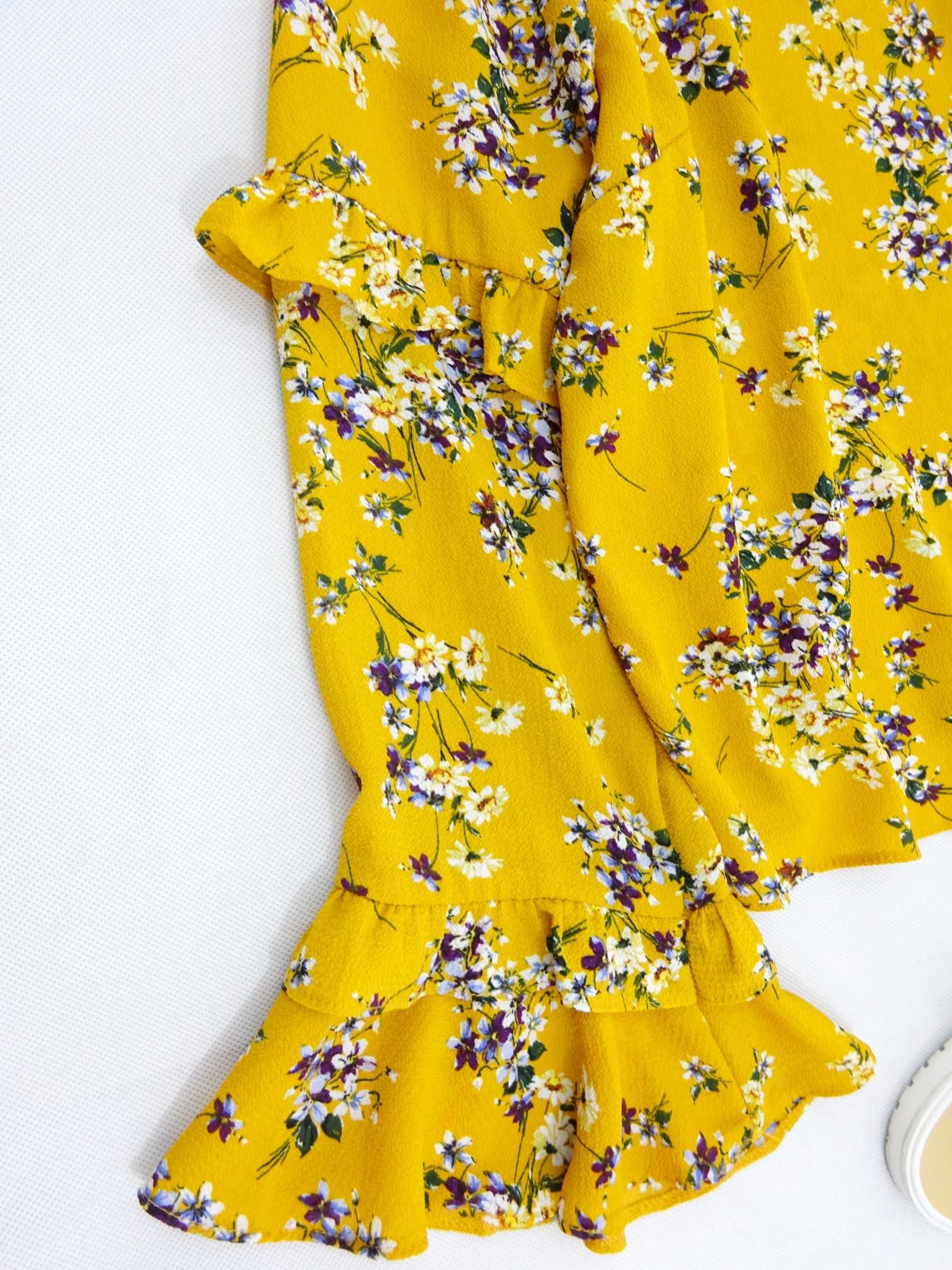 BC86 elegancka bluzka damska szyfon kwiaty łąka falbany żółta XXL 44