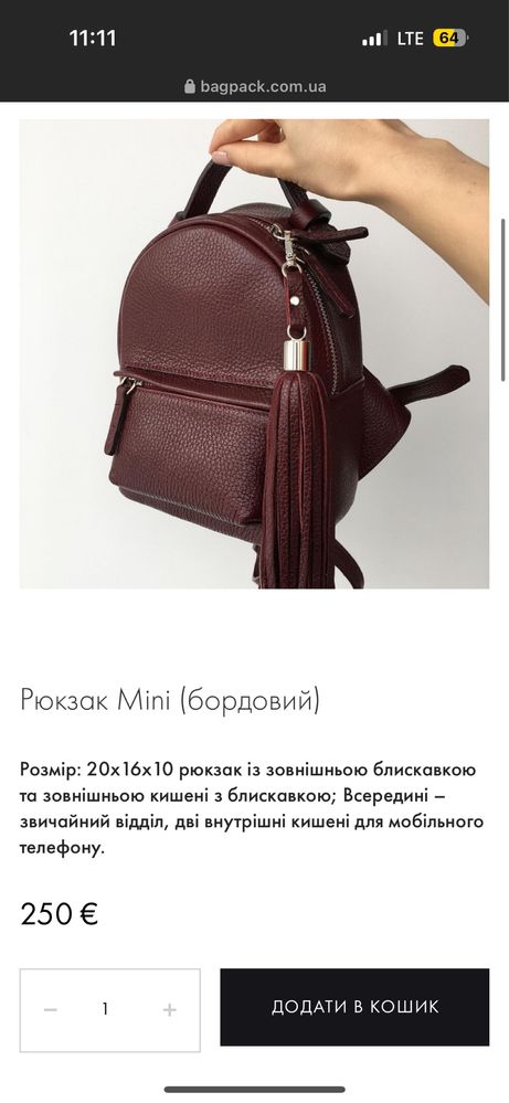 Рюкзак шкіра bagpack mini бордо бургунді