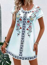 Sukienka tunika boho kwiatowy wzór NOWA S 36 38 jasnoniebieska