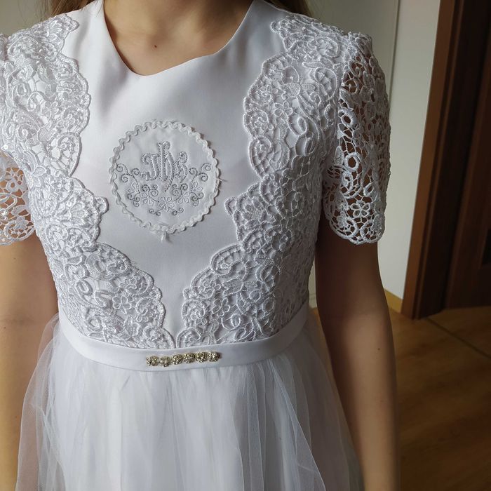 Zestaw I Komunia św. Sukienka z halką + bolerko + wianuszek + rękawicz