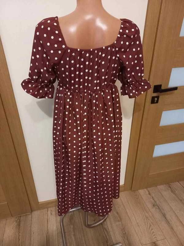 Sukienka brązowa w grochy, boho midi S/36 M/38