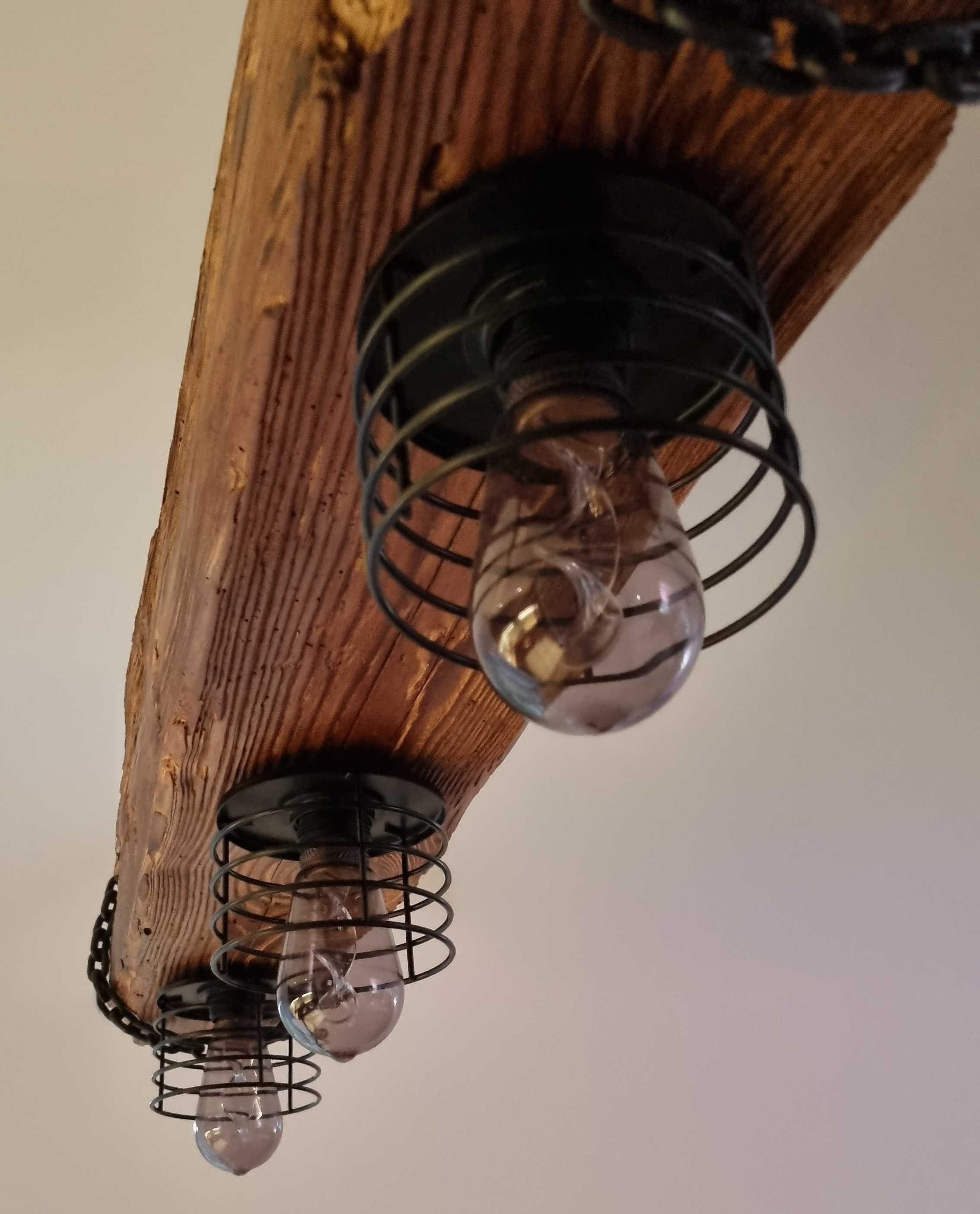Lampa wisząca belka ciosana drewno 100 cm na łańcuchu 3x E27 handmade
