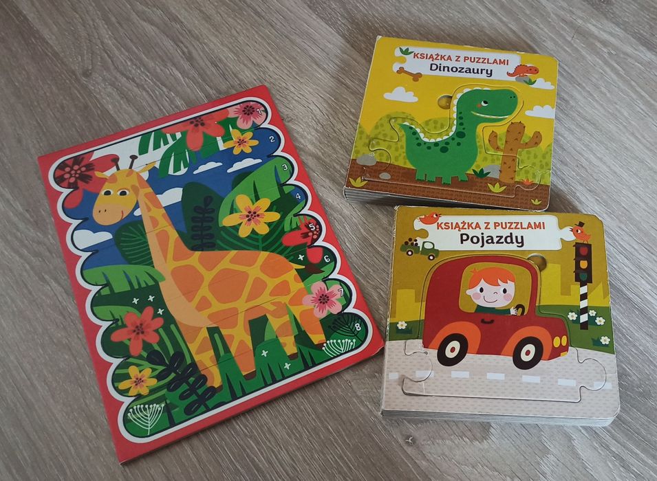 Puzzle 2w1 + książki z puzzlami Pojazdy Dinozaury