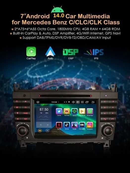Auto-rádio 2 din android 14 64GB para Mercedes c220 w203 ano 2004