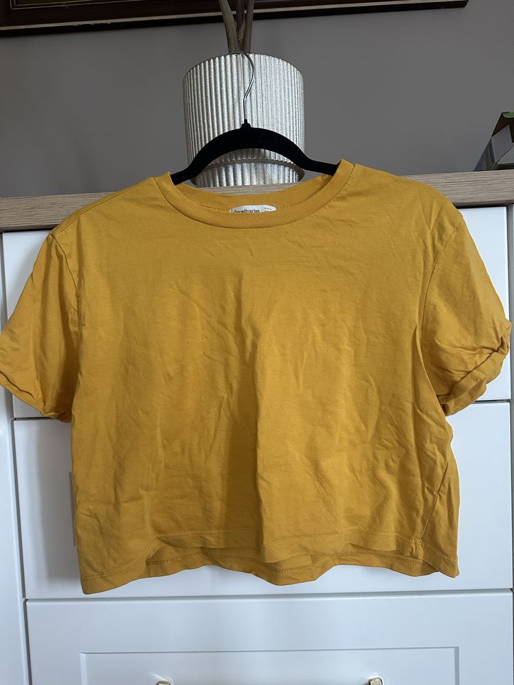 Bluzka krotki rekaw crop top misztardowa