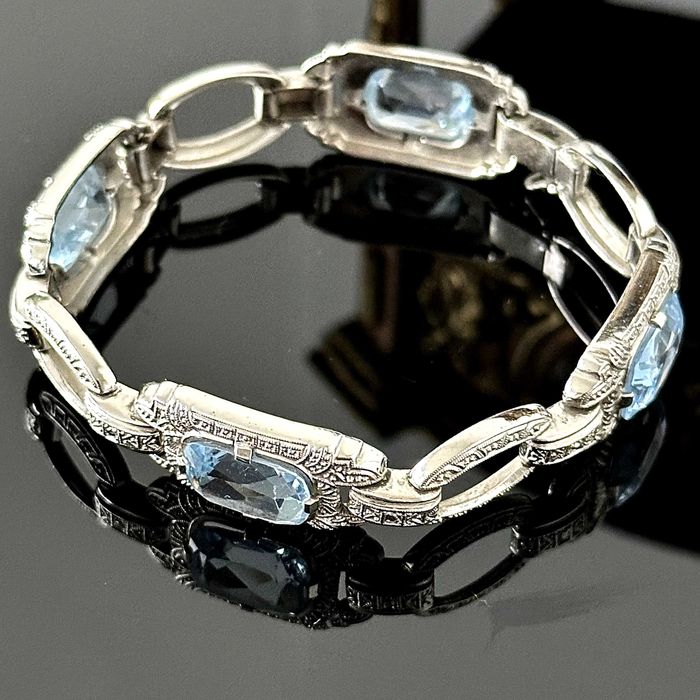 Srebrna bransoletka z Akwamarynami Art Deco z ok. 1920 roku, próba 800