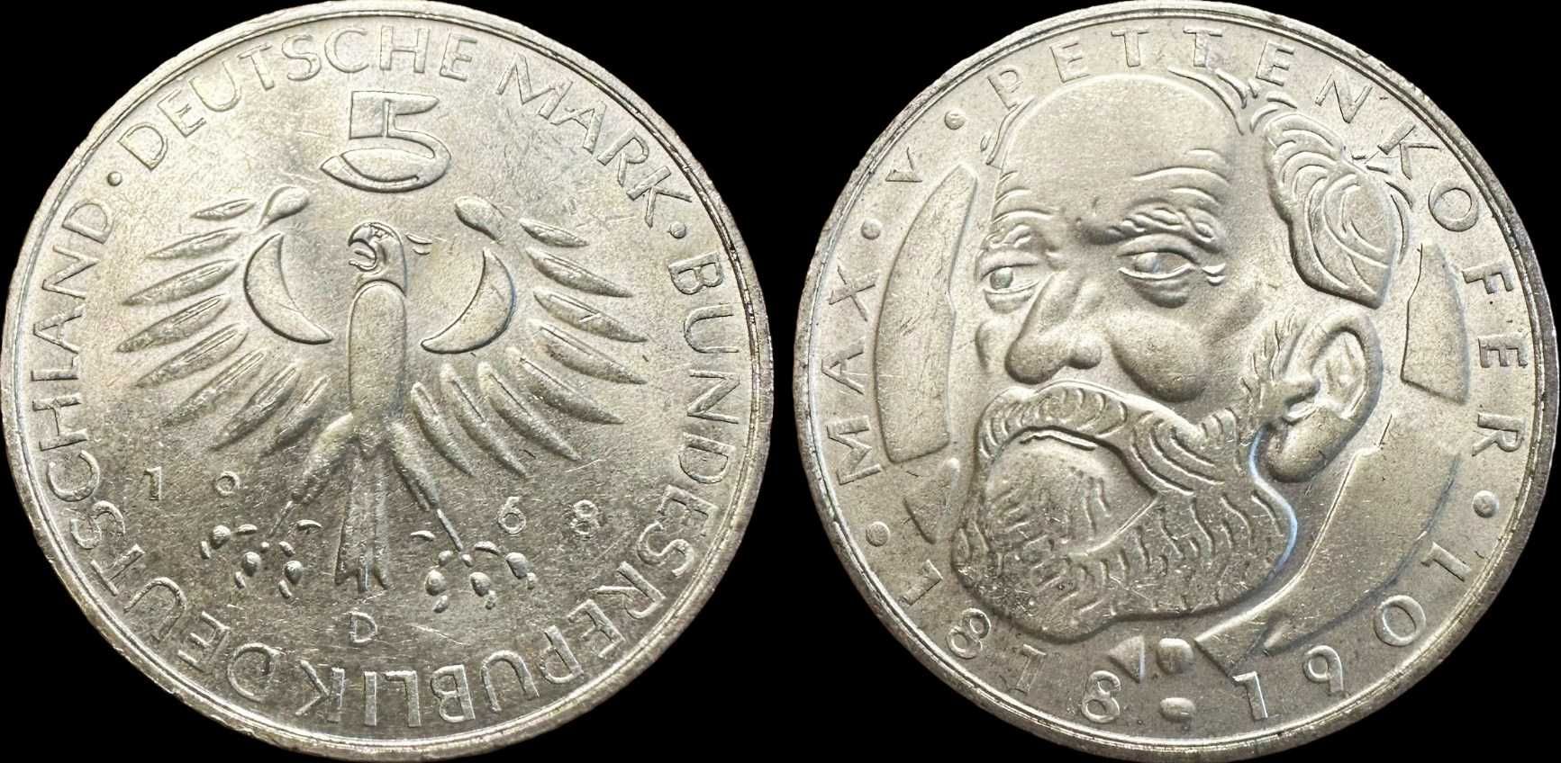Moeda de 5 Mark - 1968 - Alemanha - Max Pettenkofer (Prata)
