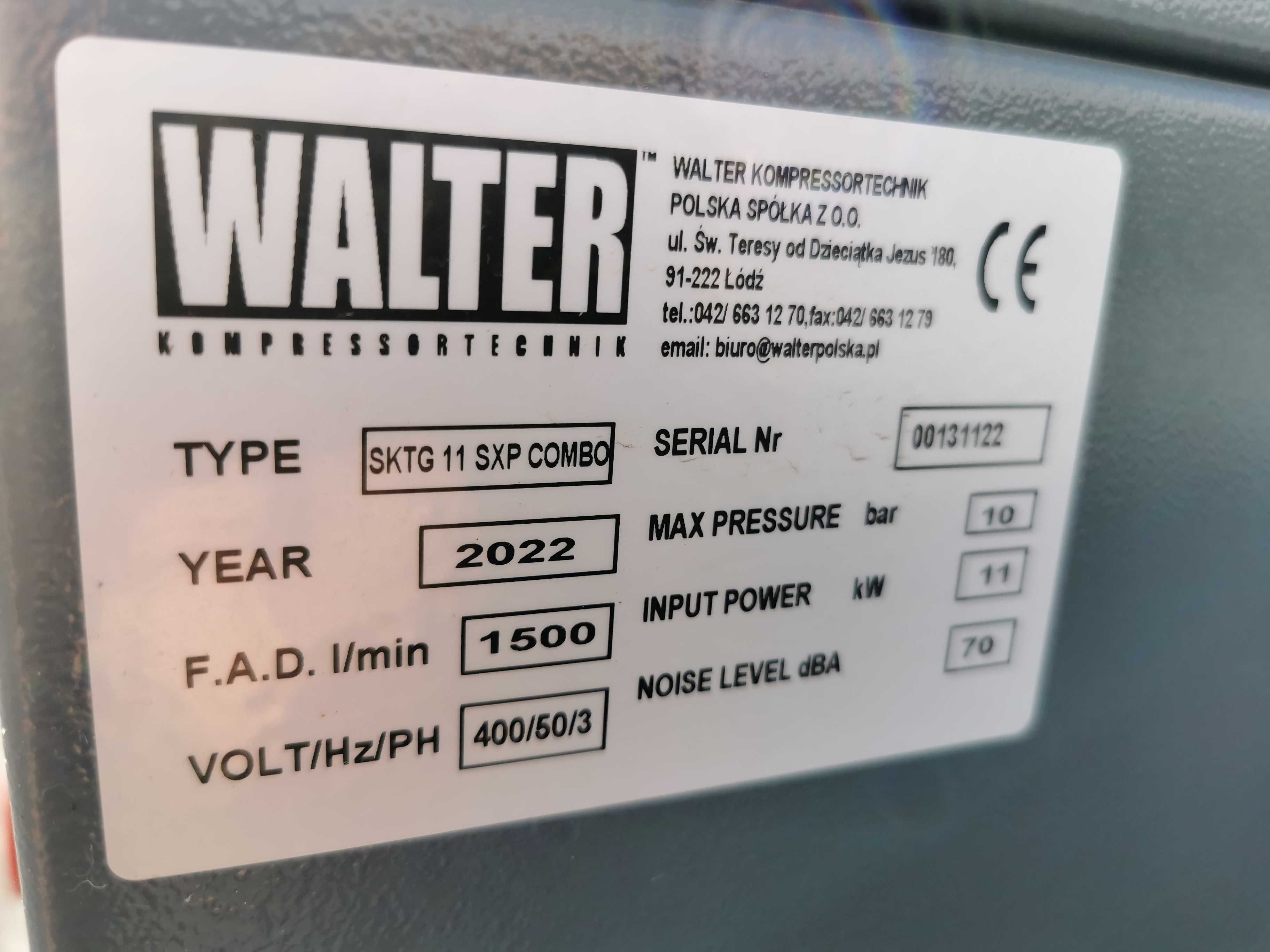 2022r! 1h!!  11kw 10 BAR Sprężarka śrubowa 1500L/m kompresor WALTER