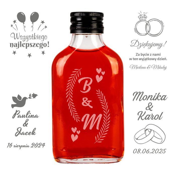 50 sztuk - butelka PIERSIÓWKA 100 ml z zakrętką na wesele + grawer