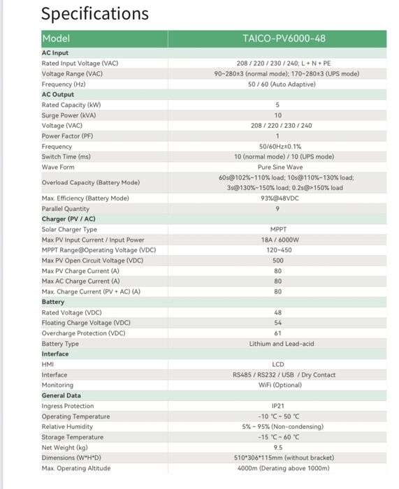 Інвертор однофазний гібридний 5 квт TAICO