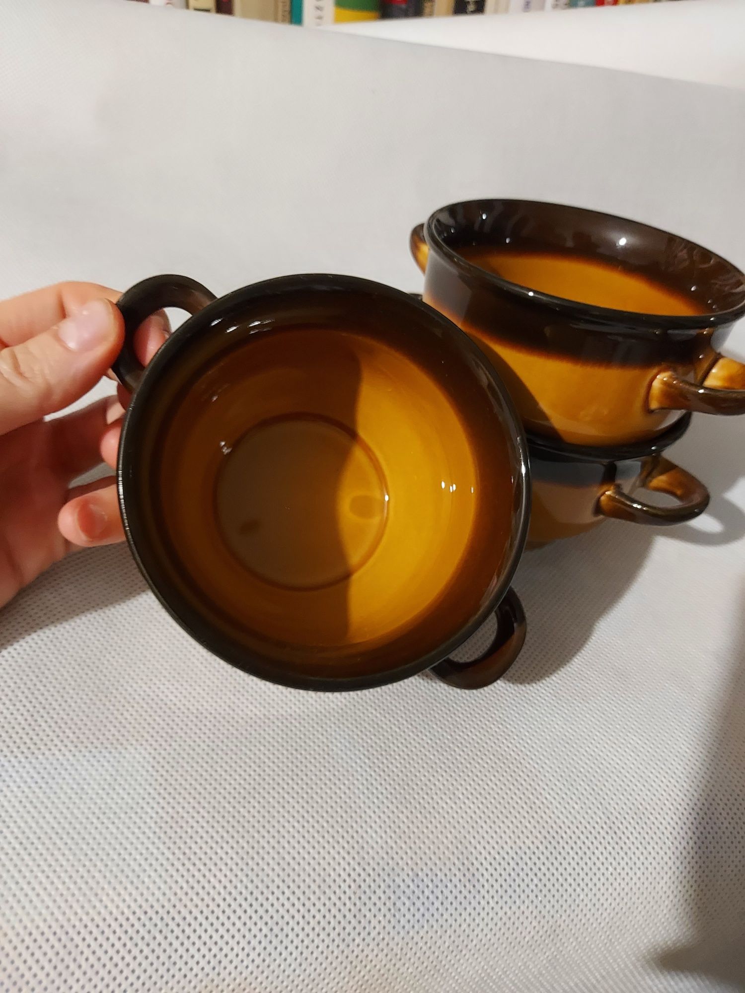 Trzy bulionówki brązowe vintage fajans Pruszków