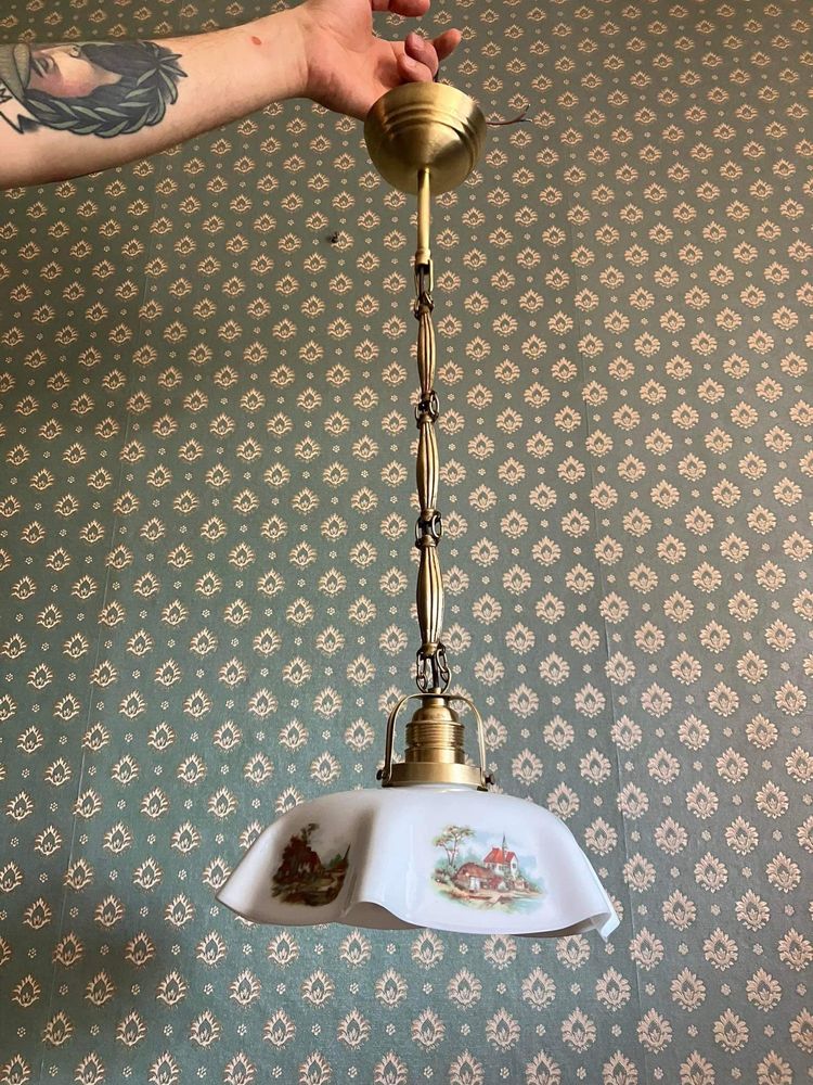 Zabytkowa stara lampa wisząca kuchenna zwis biała art deco mosiężna