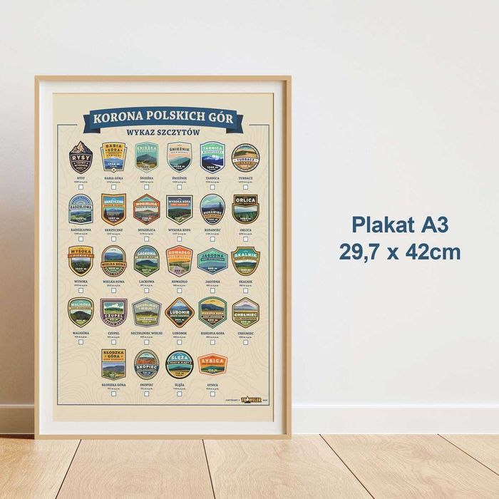 Plakat turystyczny A3 Korona Polskich Gór - ilustrowany wykaz szczytów