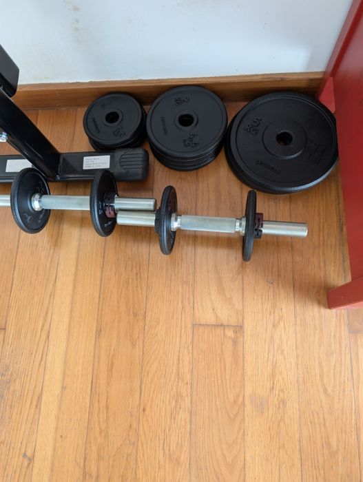 CONJUNTO Banco reclinável + halteres + barra