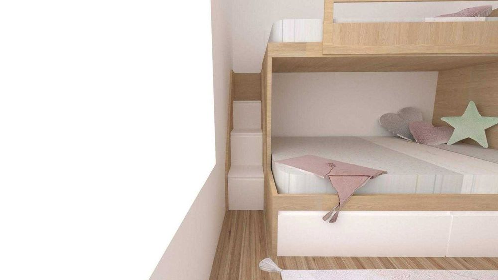 Beliche com cama casal + cama solteiro+ diversa arrumação