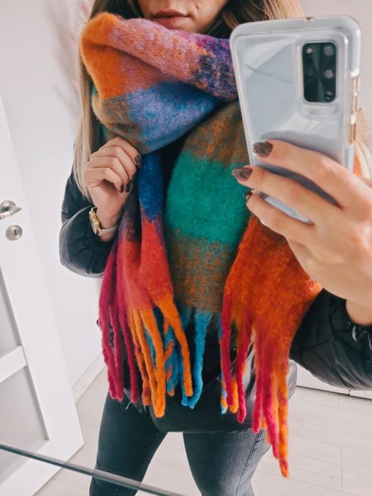 Piękny szal mega gruby miękki krata jesienny milutki zimowy kolorowy