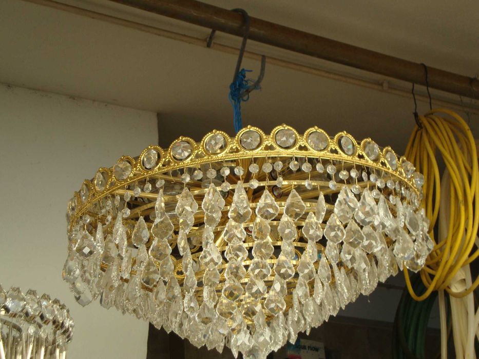 Candeeiro Dourado, Usado,  Cristal com Pingentes, 9 Lampadas E14