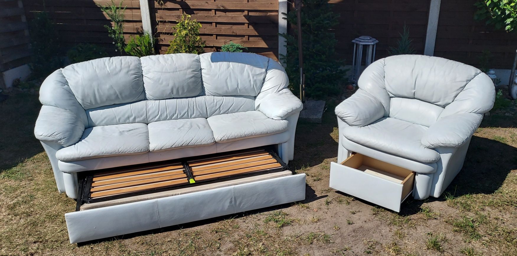 Sofa rozkładana plus fotel skóra naturalna