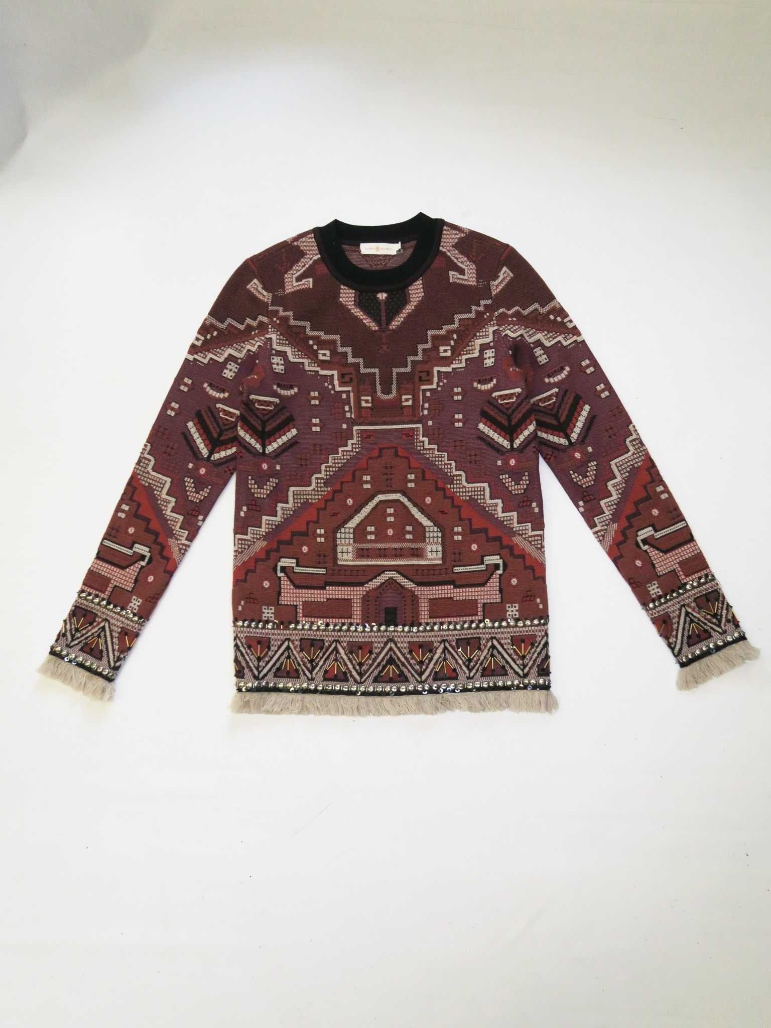 Tory Burch Gobelin Jaquard ciekawa gruby sweter azteckie wzory