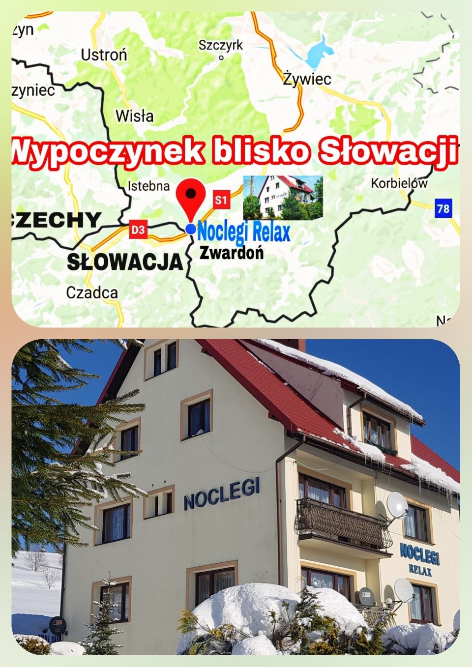 Noclegi Zwardoń Idelane na wakacje i przerwę w podrózy  500m Słowacjia