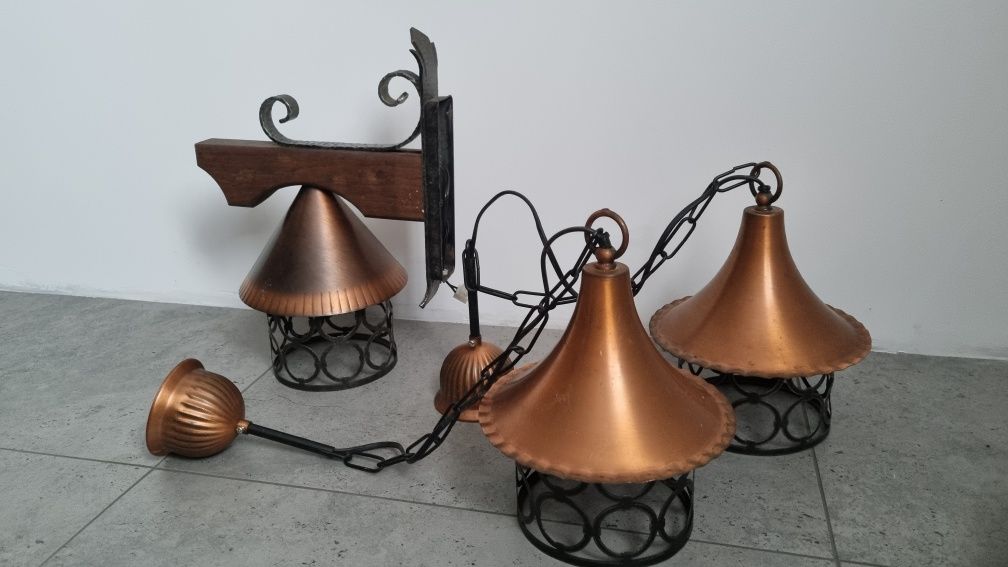 Kinket na ściane  i 2 wiszace lampy vintage miedź, stal, drewno dębowe
