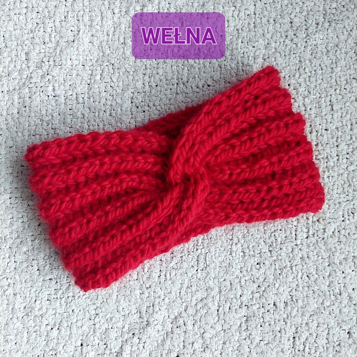 Opaska na drutach ręcznie robiona handmade rękodzieło 100% wełna czerw