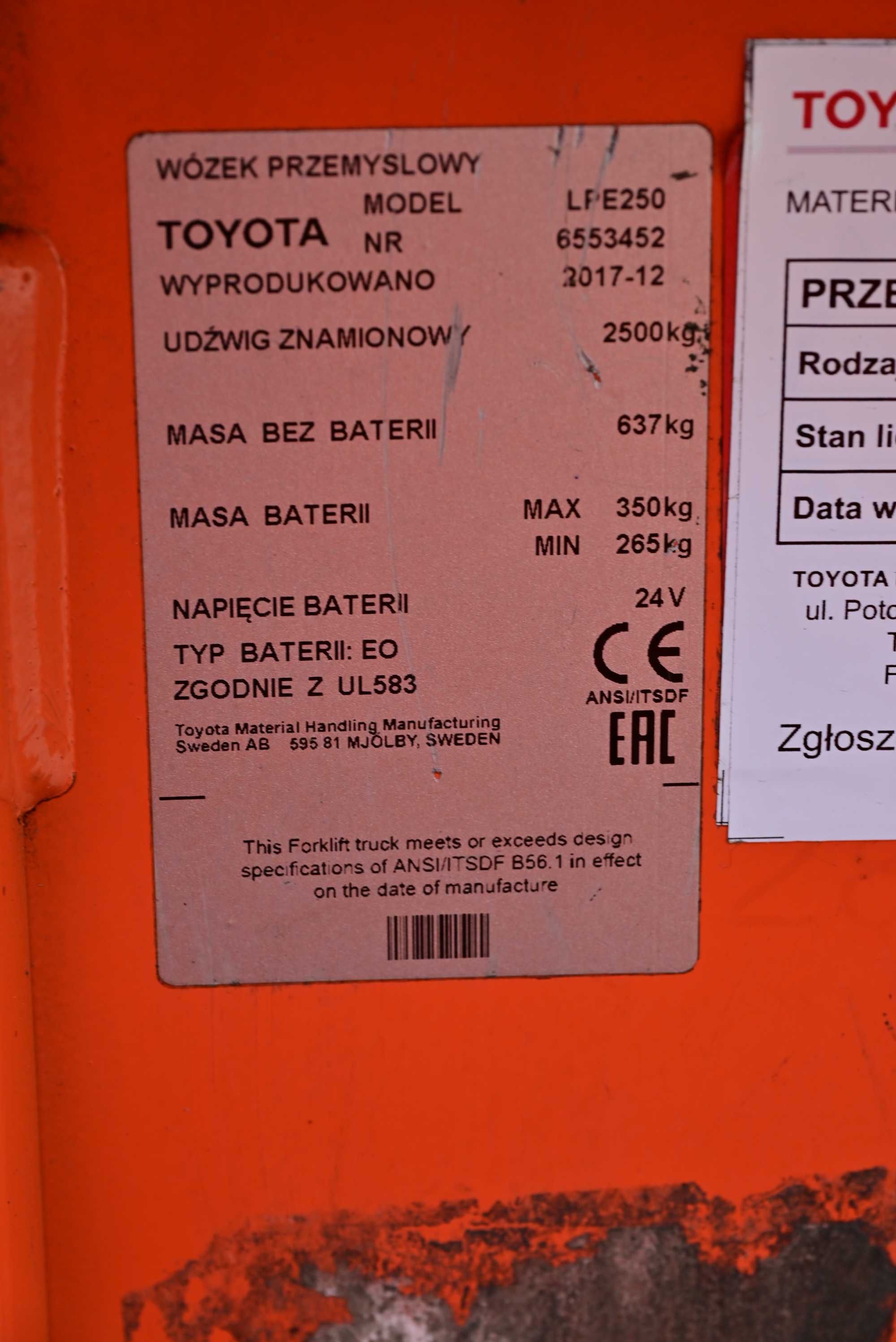 Paleciak elektryczny Toyota BT LPE 200  2000kg 2017rok FHP 245