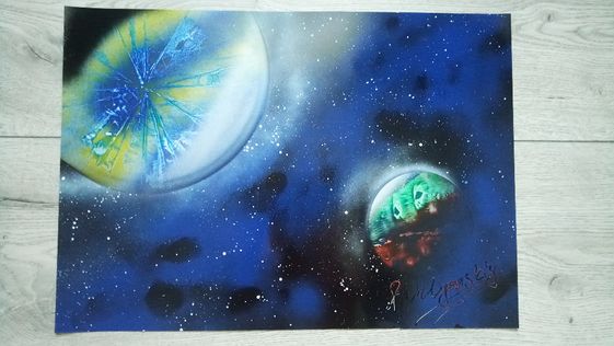 Картина Космос, Планеты, Звезды. Написана баллончиками SPRAY PAINT ART