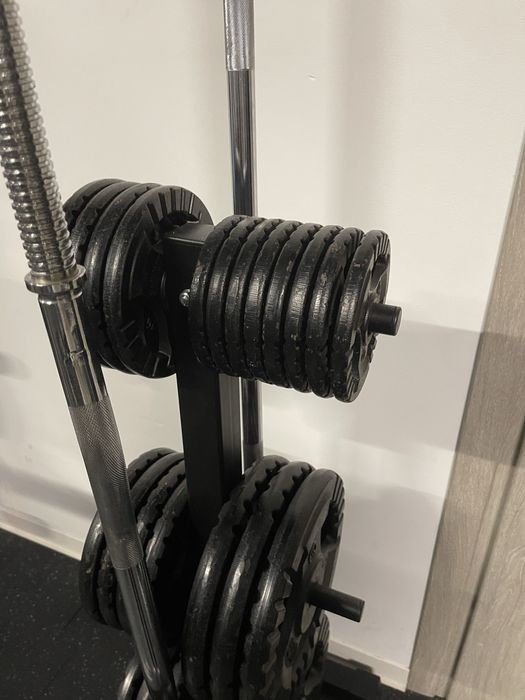 Zestaw talerze żeliwne + 2 sztangi, hantle i stojak 140kg