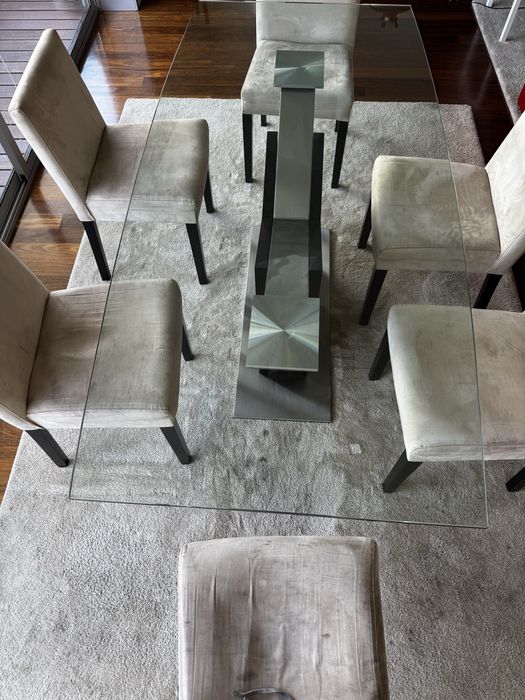 Mesa de Jantar Moderna com Tampo de Vidro (2x0,95m) + 6 Cadeiras