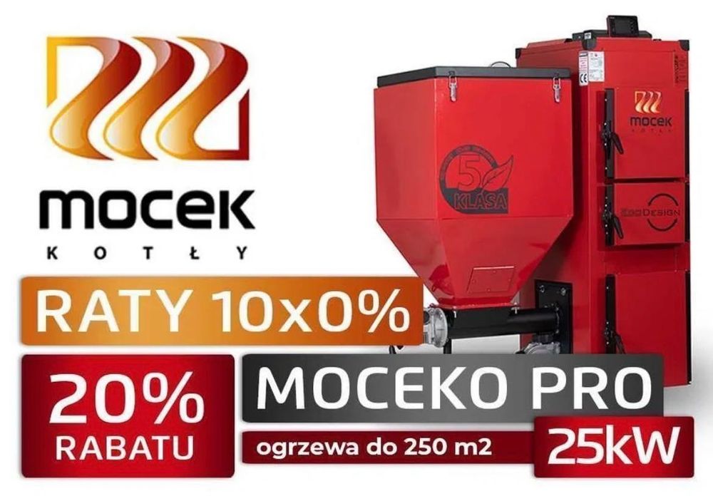 Kocioł na ekogroszek, pellet,Moceko drewno PRO piec25kW Mocek podajnik