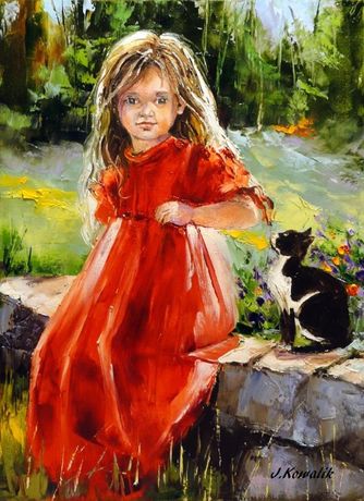 Kowalik - " Dziewczynka i kotek " 40x30cm obraz olejny