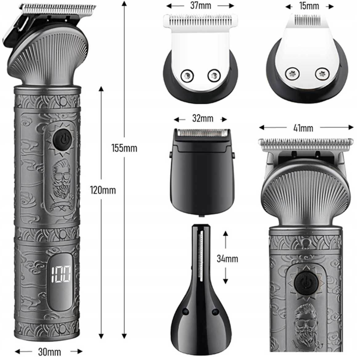 Maszynka Trymer ZILAN 16w1 Broda Włosy Ciało LCD USB Etui