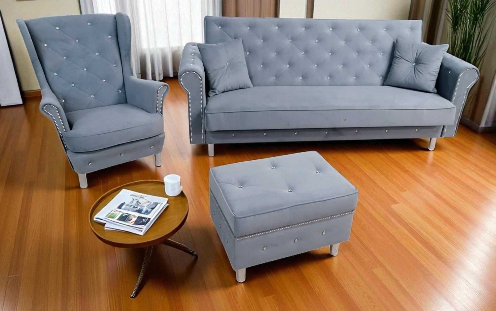 Kanapa Sofa Wersalka Komplet Glamour Kryształ USZAK puf pojemnikzestaw