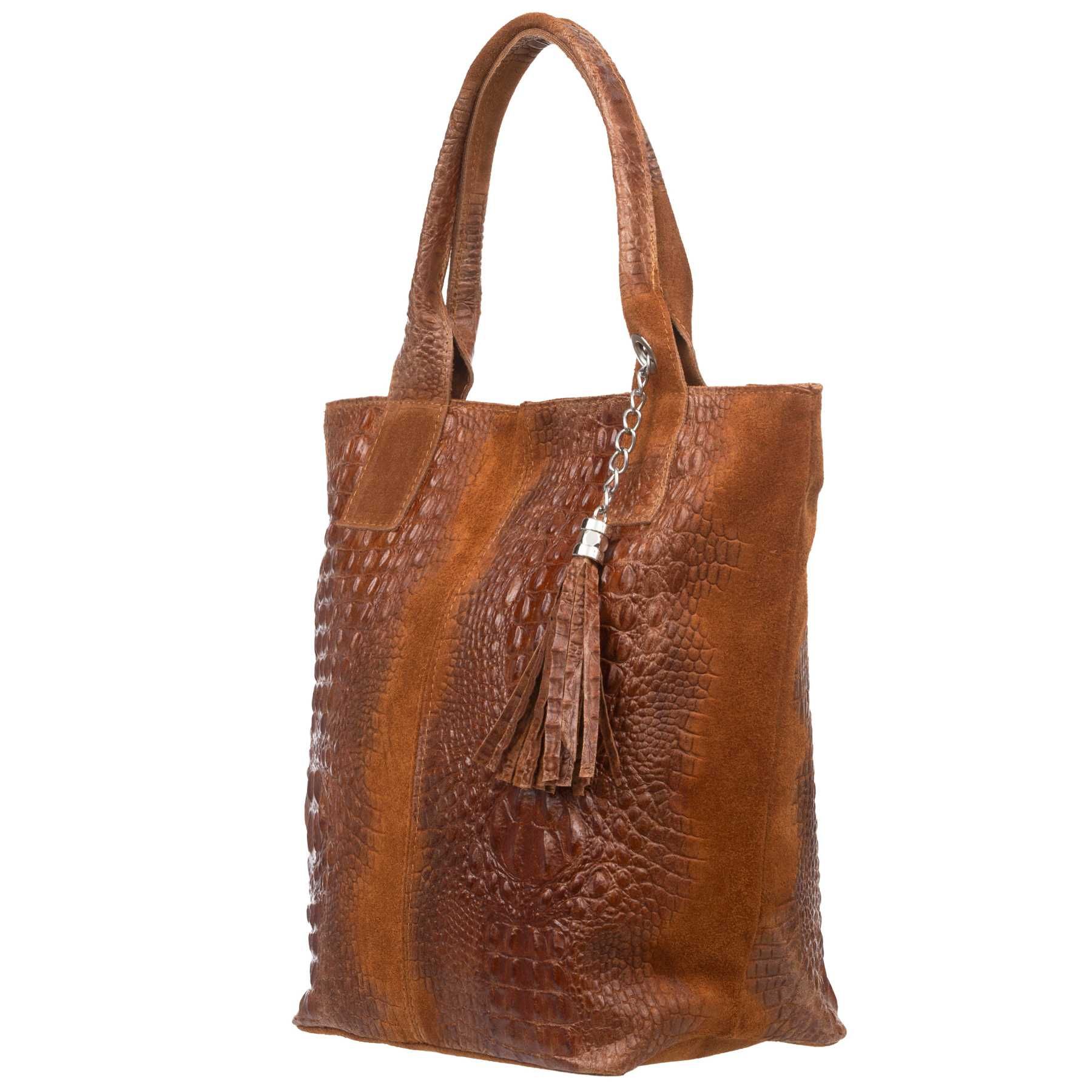 VERA PELLE torebka zamszowa shopper kroko na ramię V141 c.zielona