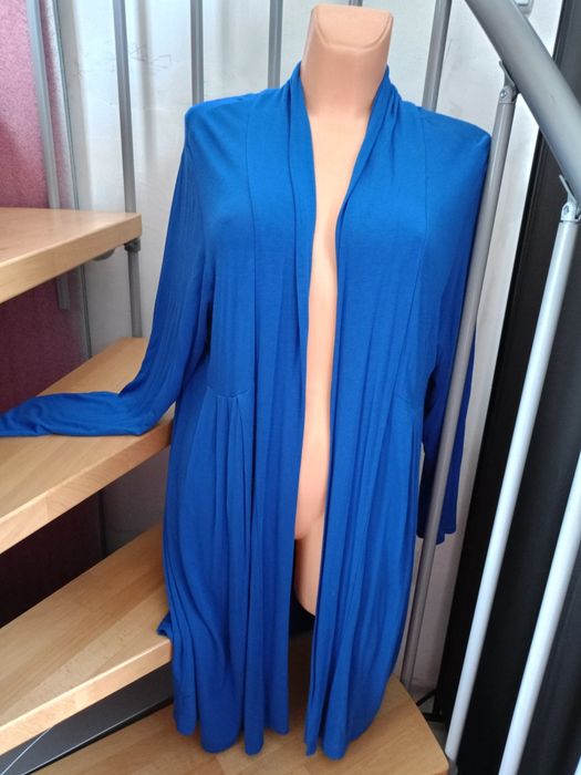 Kardigan długi chabrowy koronkowe plecy marszczenia elegancki rozmiar