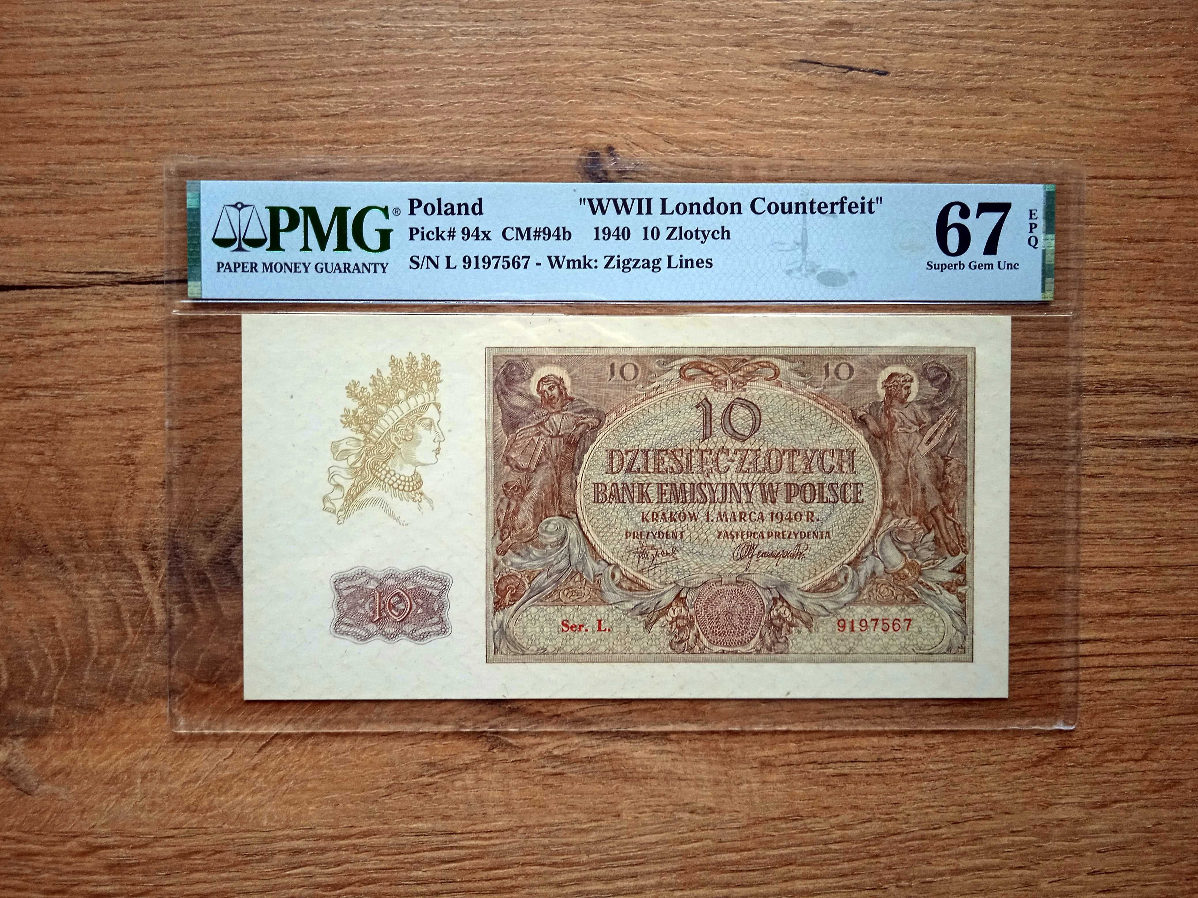 10 złotych 1940 - London Counterfeit - seria L. - PMG 67 EPQ