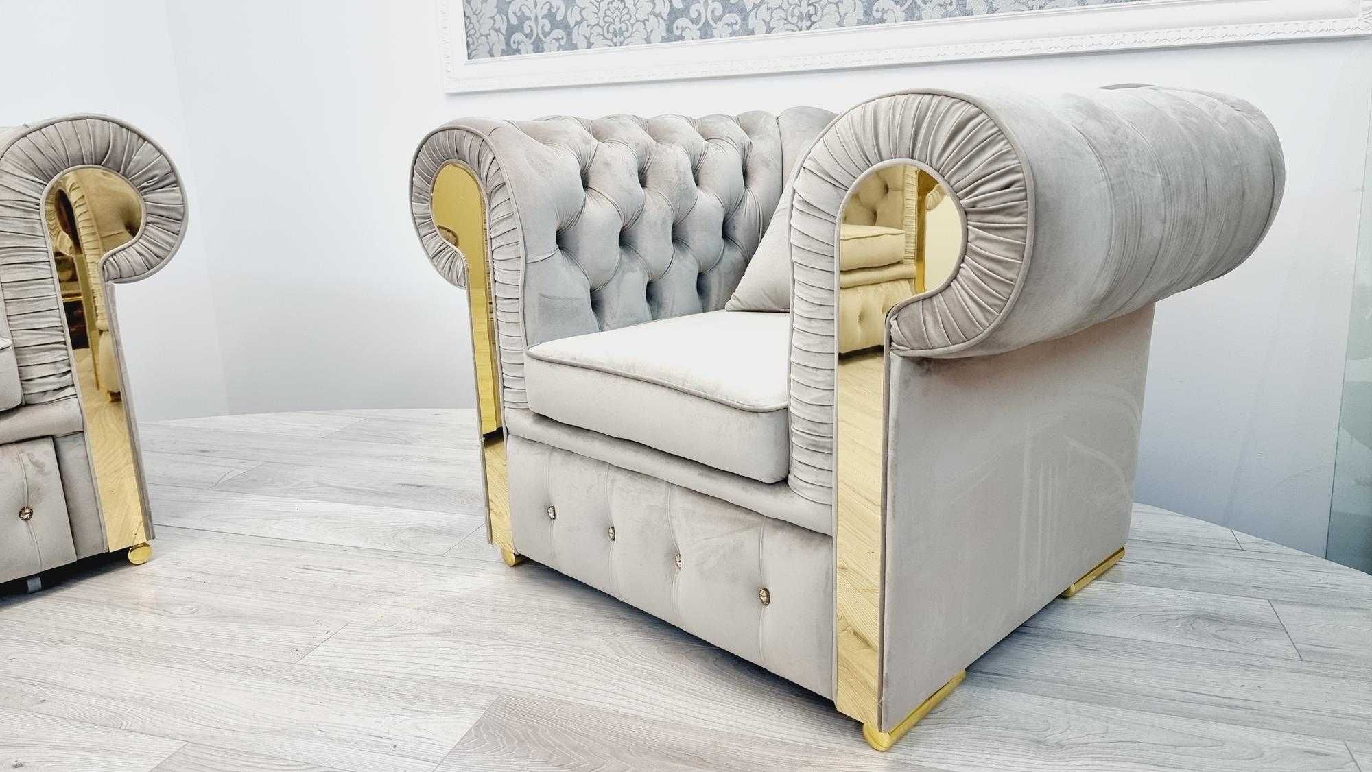 Zestaw pikowany chesterfield GLAMOUR 3os. + Szezlong + fotel PRODUCENT