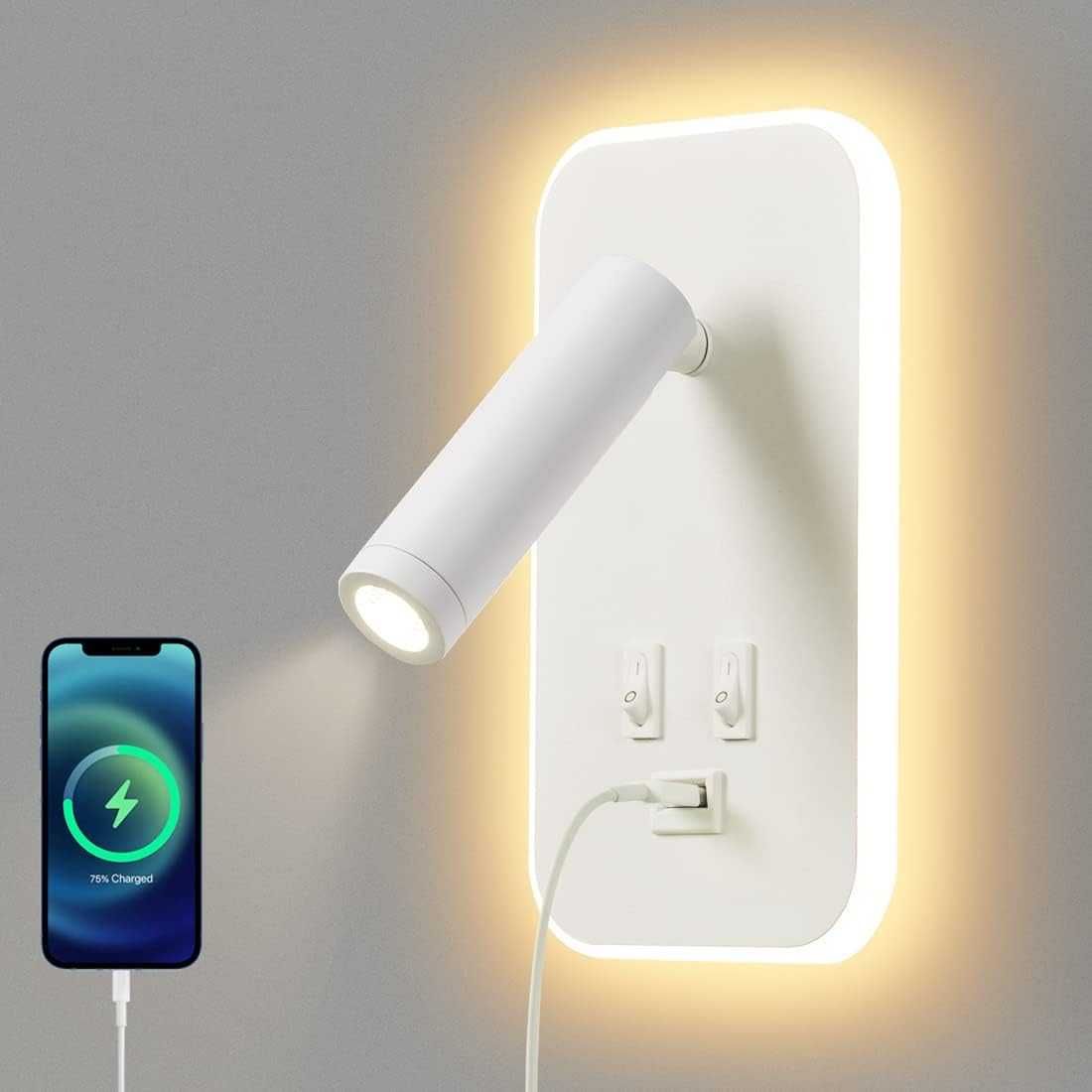 Lampa Ścienna LED Lampka Nocna USB Kinkiet 3W + 9W BIAŁY - AWEKLIY