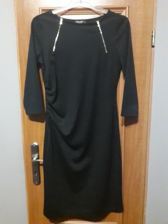 Nowa Czarna Sukienka M z ozdobnymi zamkami taliowana Midi