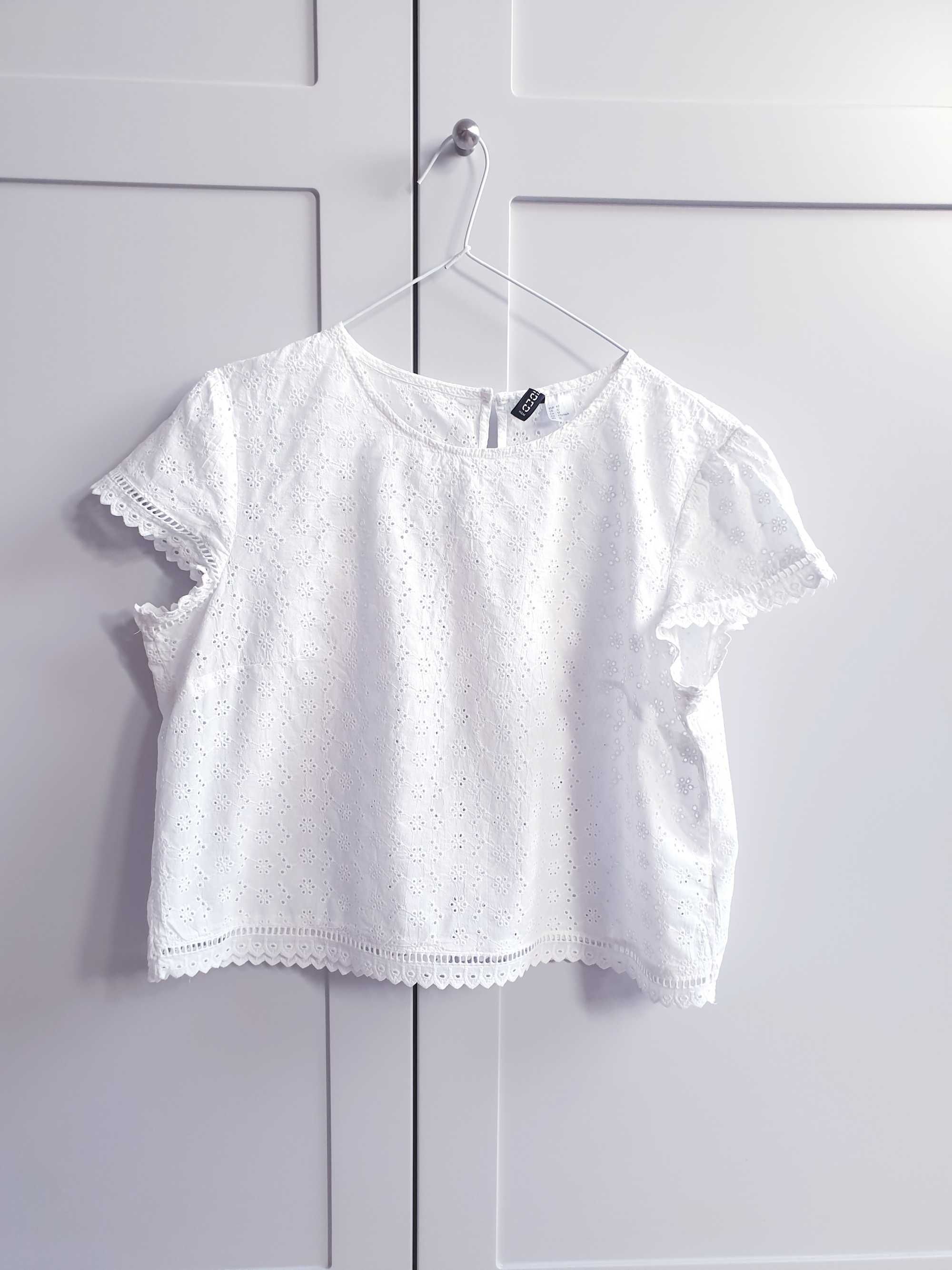 Biała haftowana bluzka crop top koronkowa H&M oversize 38 40