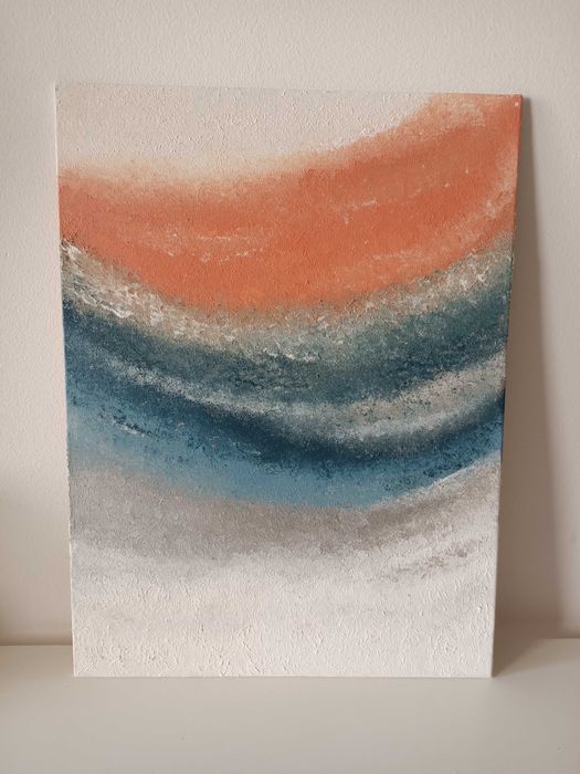 Pintura abstrata em acrílico em tons de azul, salmão e cinzento