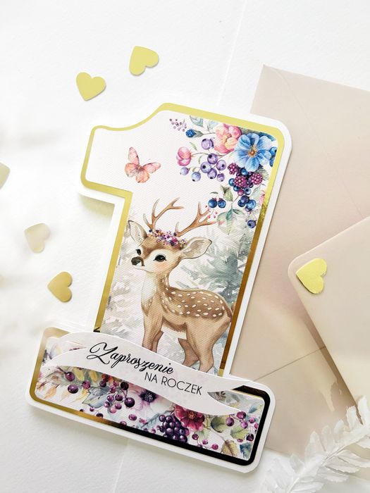 Zaproszenia w kształcie jedynki na roczek sarenka