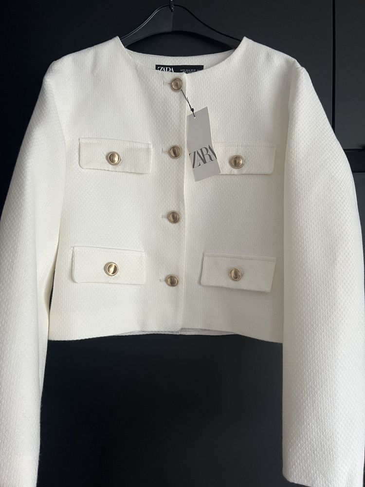 Zara biały żakiet ecru jasny krótki bawełniany nowy elegancki marynara