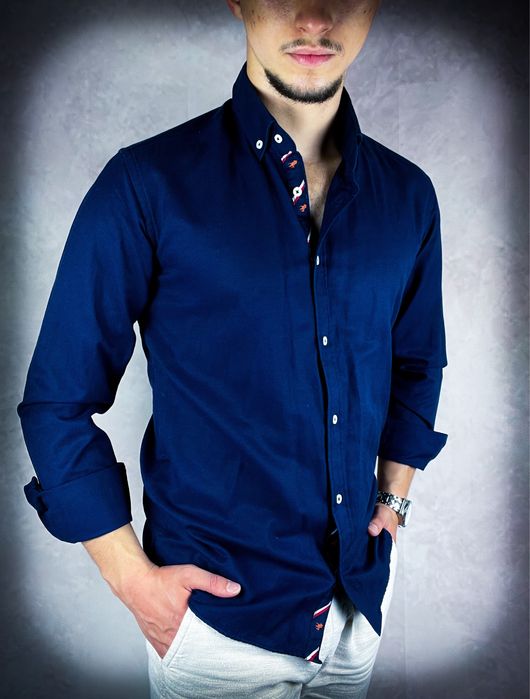 Nowa Stylowa Męska Granatowa Koszula «Ralph Lauren» z Bawełny / S